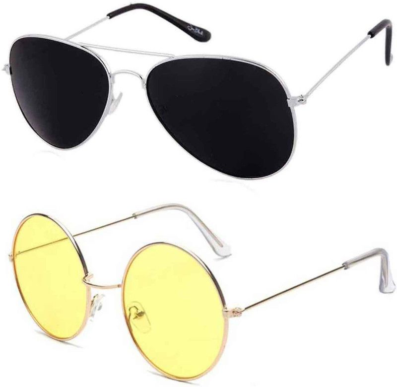 Night Vision Aviator, Round Sunglasses (Free Size)  (For Men & Women, Black, Yellow)
