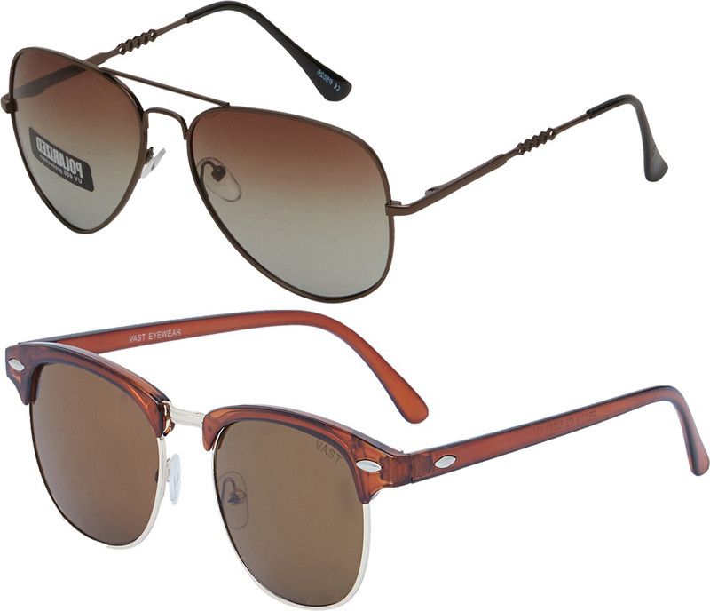 Polarized, UV Protection Round, Clubmaster Sunglasses (Free Size)  (For Men & Women, Brown, Brown)