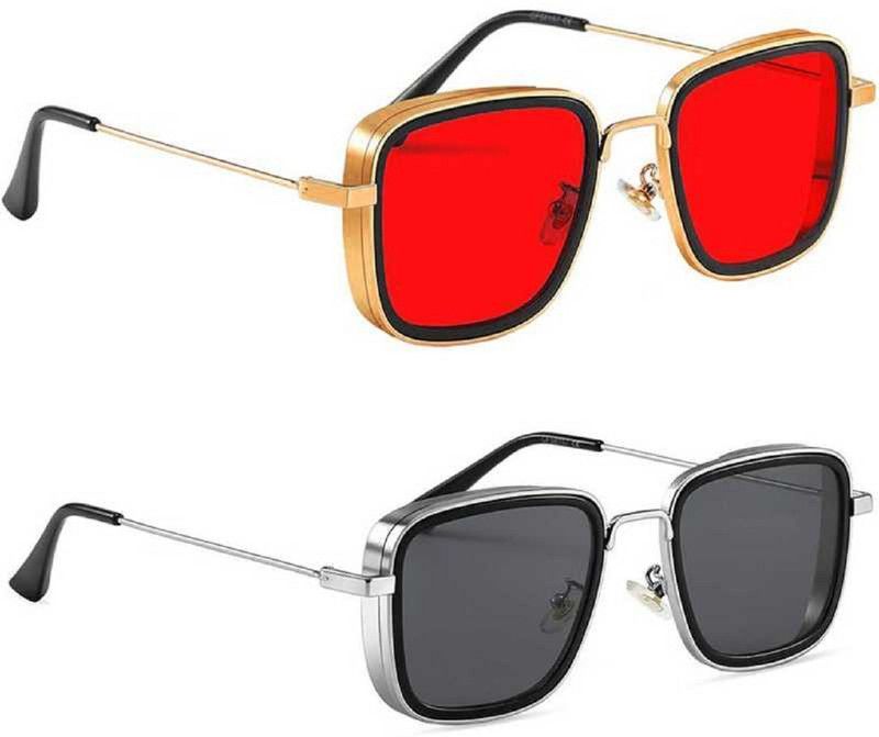 UV Protection, Polarized, Gradient, Mirrored Retro Square, Rectangular Sunglasses (55)  (For Men & Women, Black, Red)