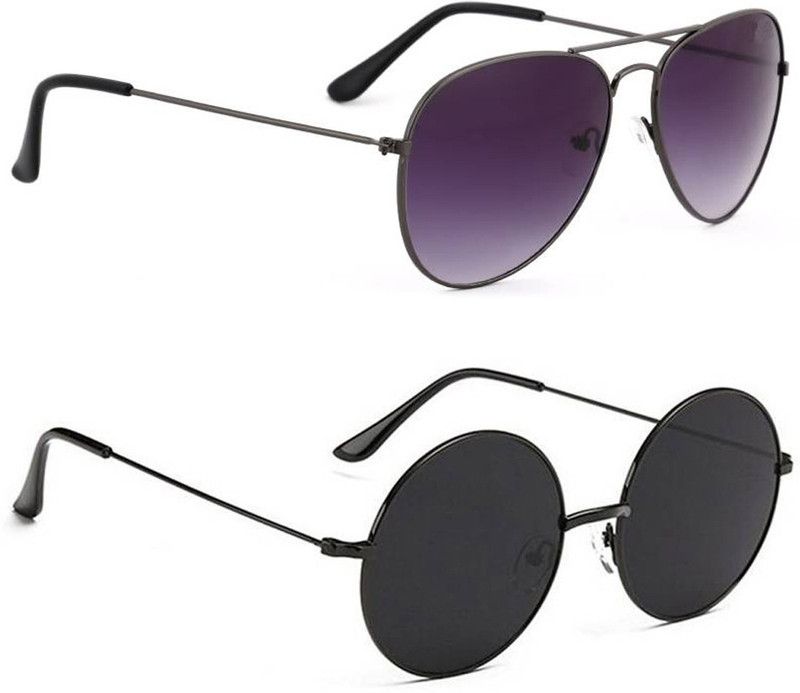 UV Protection, Mirrored Aviator, Round Sunglasses (Free Size)  (For Men & Women, Black)