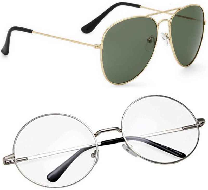 UV Protection, Mirrored Aviator, Round Sunglasses (Free Size)  (For Men & Women, Green, Clear)