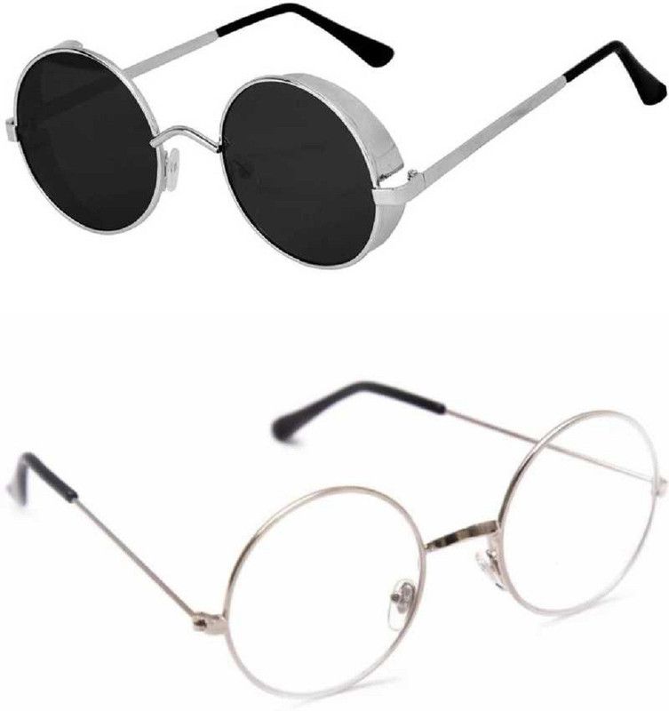 UV Protection, Polarized, Gradient, Mirrored Round, Spectacle Sunglasses (55)  (For Men & Women, Clear, Grey)