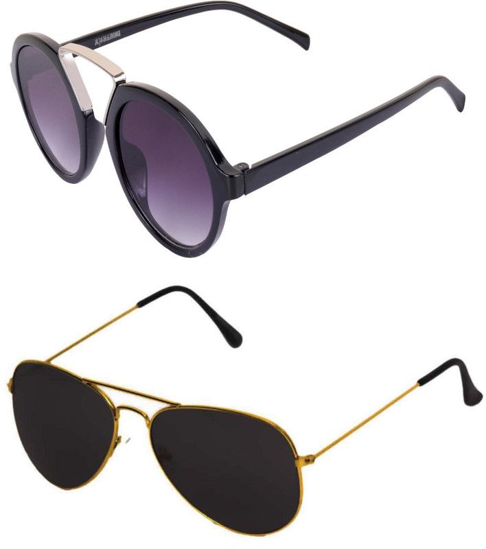 UV Protection Round, Aviator Sunglasses (Free Size)  (For Men & Women, Black, Black)