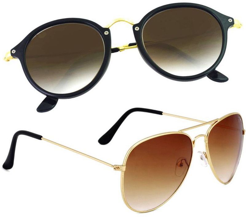 UV Protection, Mirrored Aviator, Round Sunglasses (Free Size)  (For Men & Women, Brown)