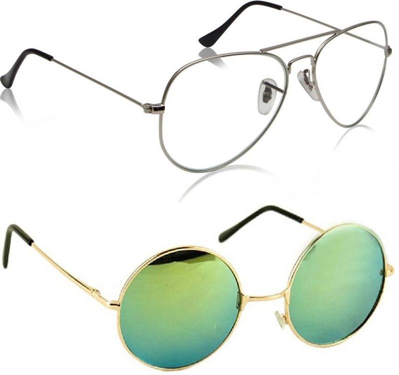 UV Protection, Mirrored Aviator, Round Sunglasses (Free Size)  (For Men & Women, Clear, Green)