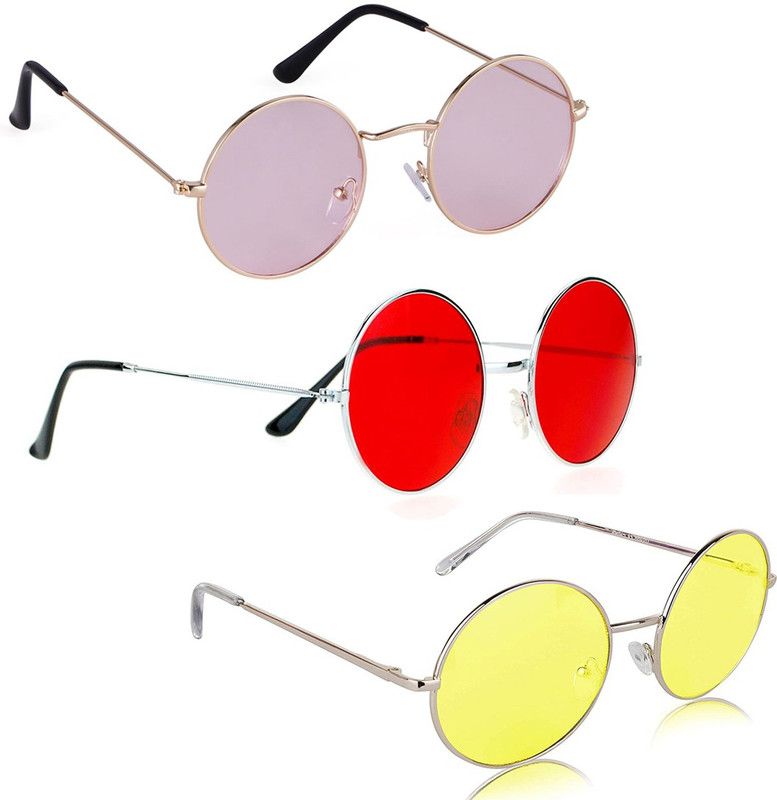 UV Protection, Mirrored Round Sunglasses (Free Size)  (For Men & Women, Pink, Red, Yellow)