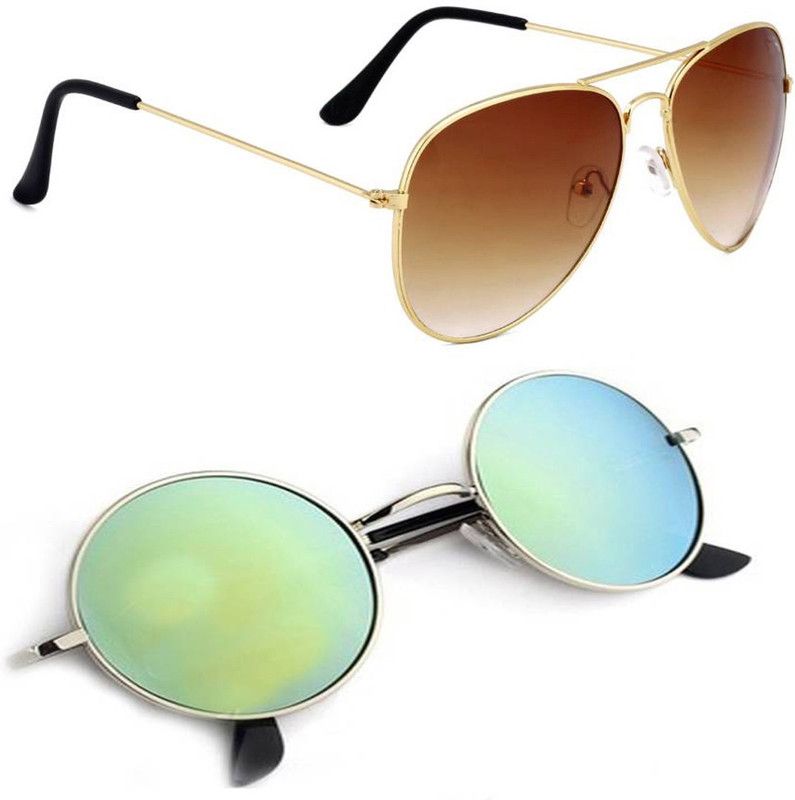 UV Protection, Mirrored Aviator, Round Sunglasses (Free Size)  (For Men & Women, Brown, Green)