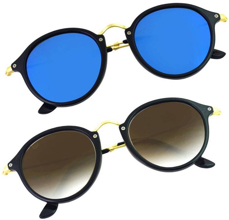 UV Protection, Mirrored Cat-eye, Round Sunglasses (Free Size)  (For Men & Women, Blue, Brown)