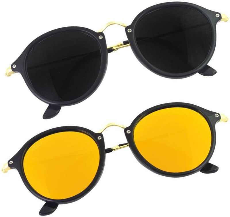 UV Protection, Mirrored, Night Vision Round Sunglasses (Free Size)  (For Men & Women, Black, Yellow)