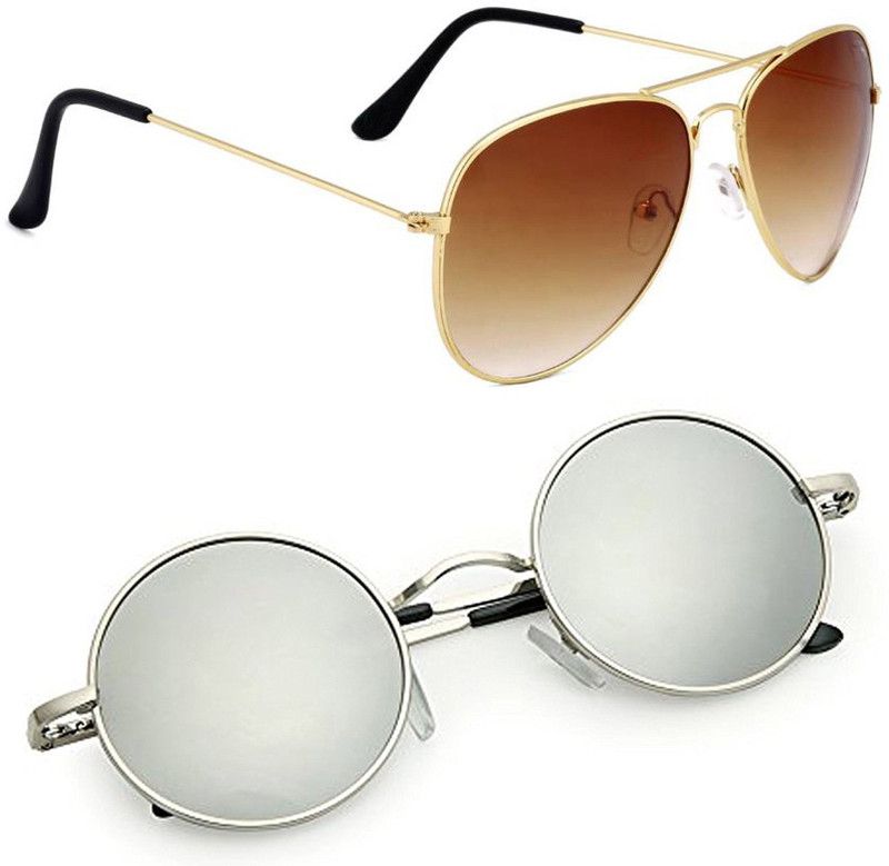 UV Protection, Mirrored Aviator, Round Sunglasses (Free Size)  (For Men & Women, Brown, Silver)