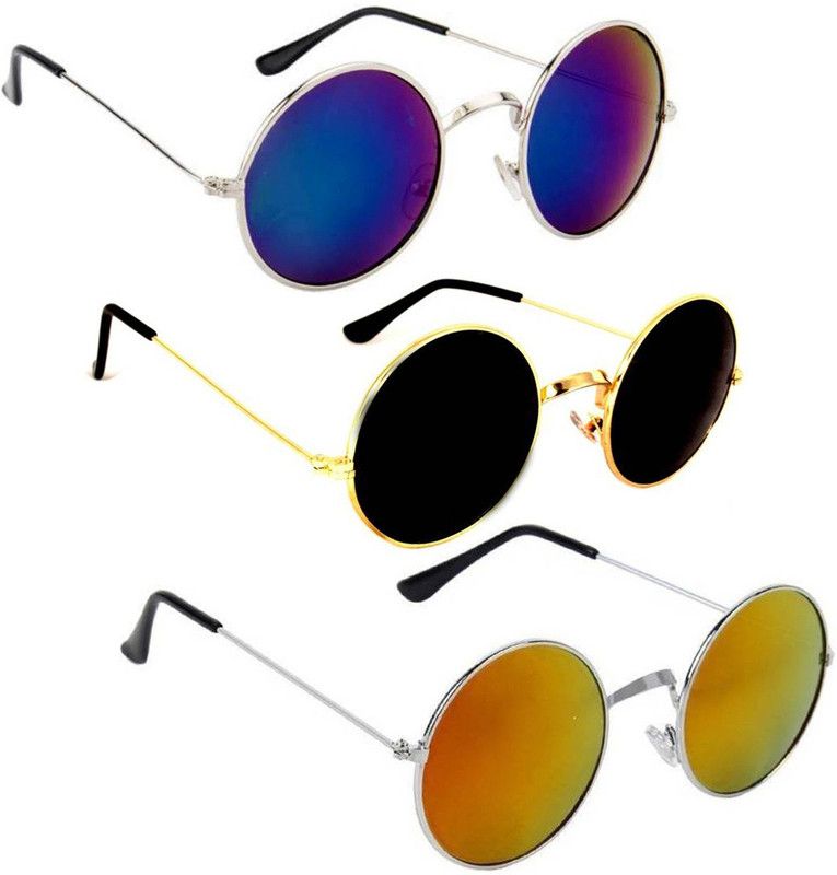 UV Protection, Mirrored Round Sunglasses (Free Size)  (For Men & Women, Blue, Black, Yellow)