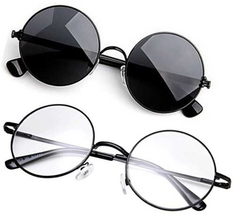 UV Protection, Polarized, Gradient, Mirrored Round Sunglasses (55)  (For Men & Women, Black, Clear)