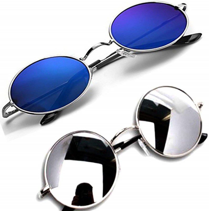 Mirrored, UV Protection, Gradient Round Sunglasses (55)  (For Men & Women, Blue, Silver)