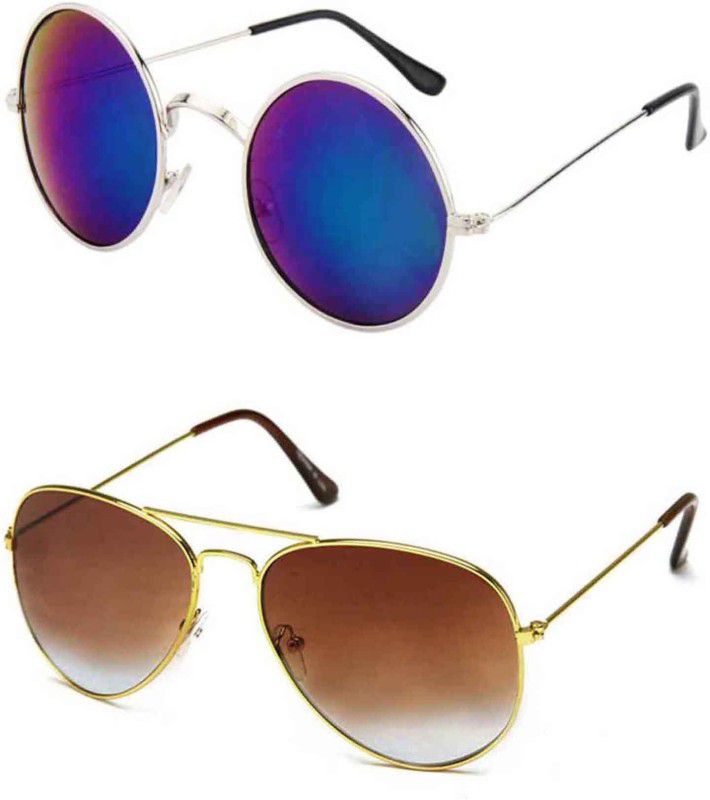 UV Protection Round, Aviator Sunglasses (Free Size)  (For Men & Women, Brown, Blue)