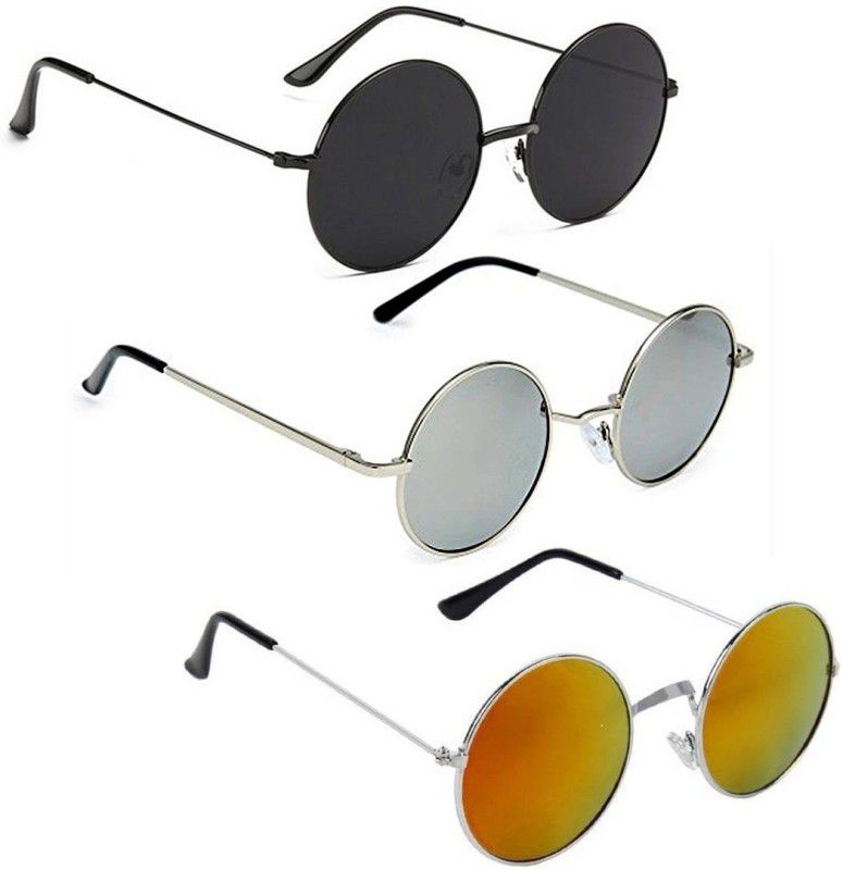UV Protection, Mirrored Round Sunglasses (Free Size)  (For Men & Women, Black, Silver, Yellow)