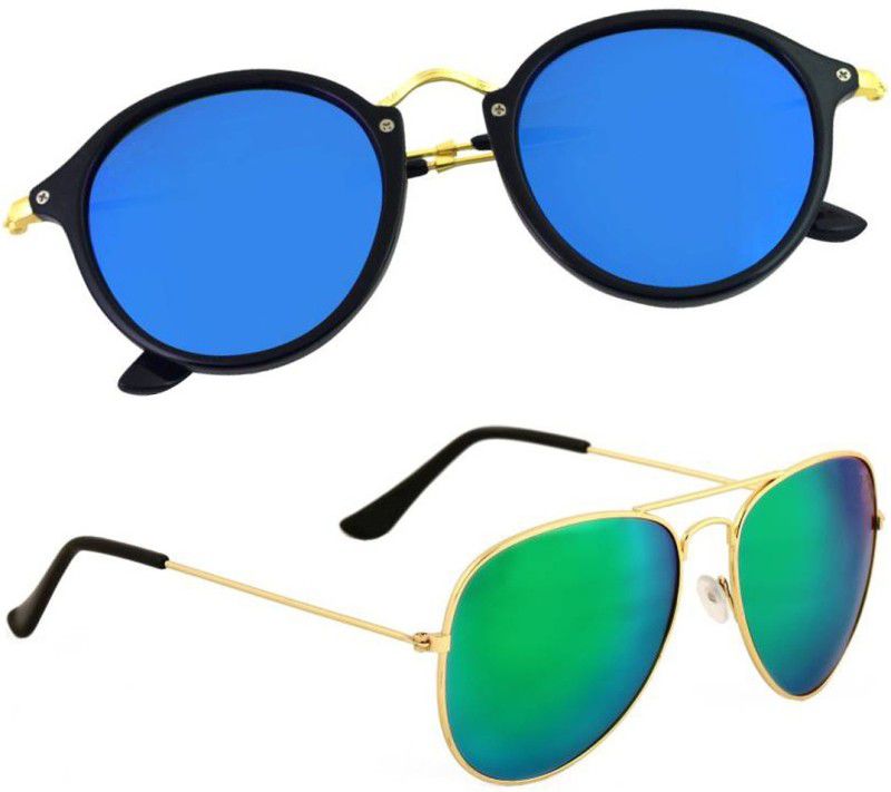 UV Protection, Mirrored Aviator, Round Sunglasses (Free Size)  (For Men & Women, Green, Blue)