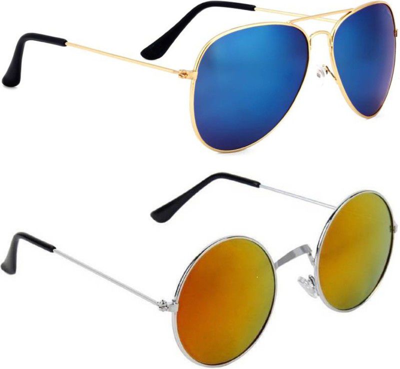 UV Protection, Mirrored Aviator, Round Sunglasses (Free Size)  (For Men & Women, Blue, Yellow)