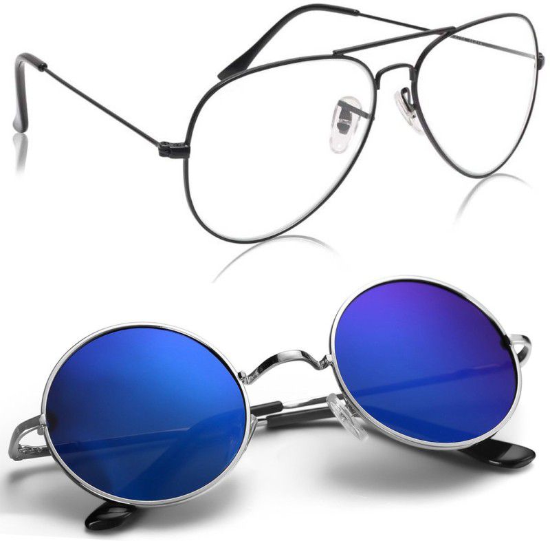 UV Protection, Mirrored Aviator, Round Sunglasses (Free Size)  (For Men & Women, Clear, Blue)