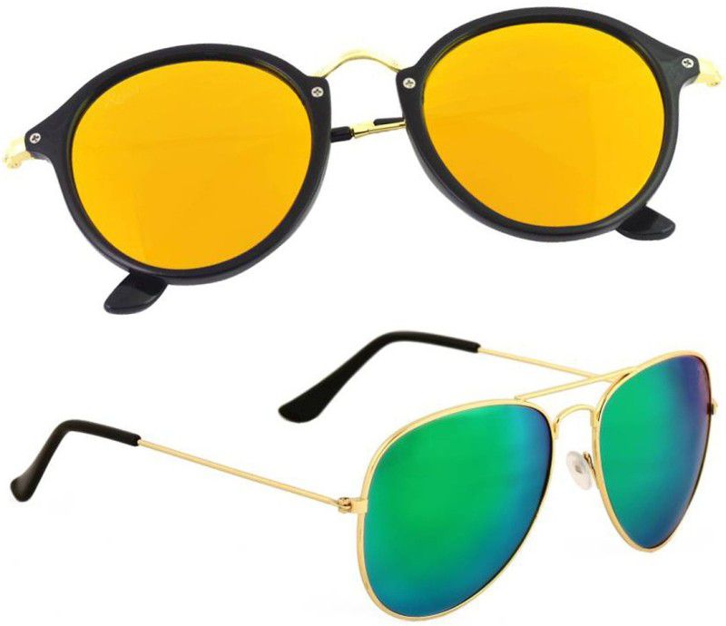 UV Protection, Mirrored Aviator, Cat-eye Sunglasses (Free Size)  (For Men & Women, Green, Yellow)