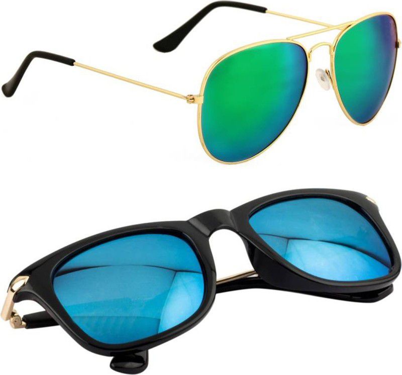 UV Protection, Mirrored Aviator, Wayfarer Sunglasses (Free Size)  (For Men & Women, Green, Blue)