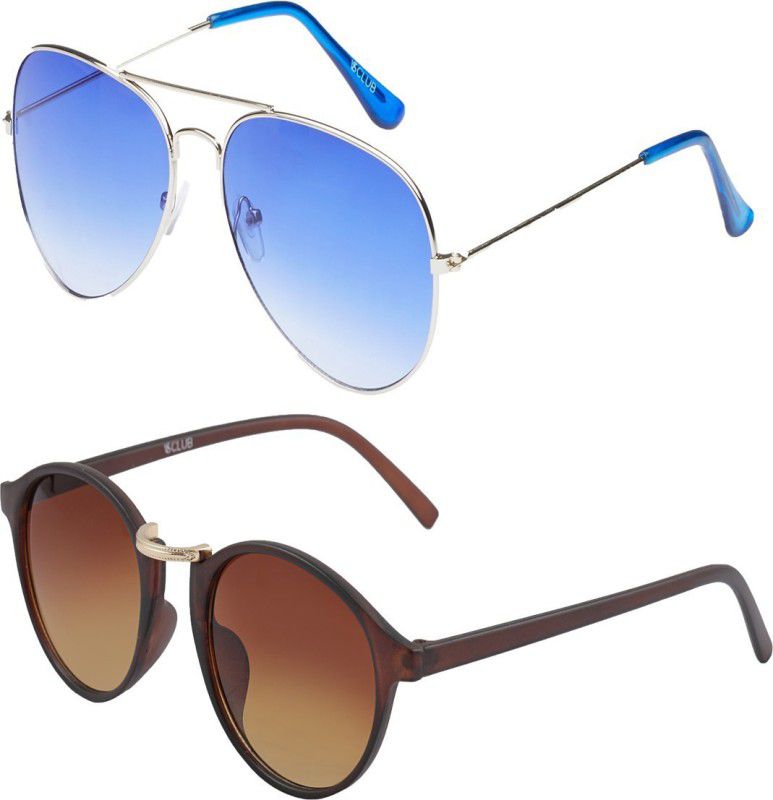 UV Protection Aviator, Round Sunglasses (Free Size)  (For Men & Women, Blue, Brown)