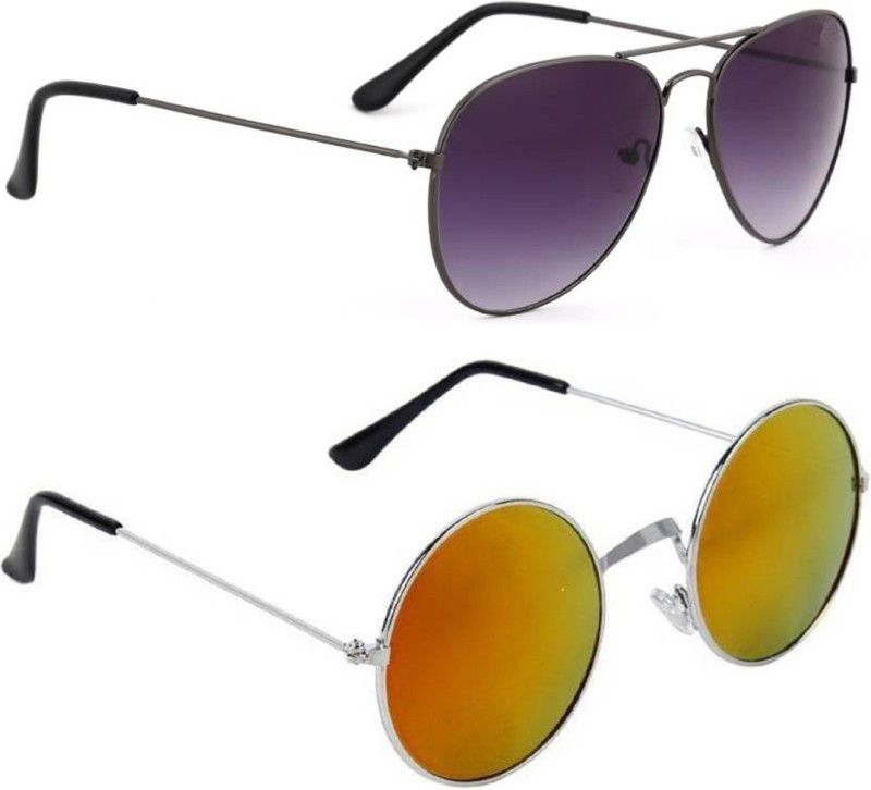 UV Protection, Mirrored Aviator, Round Sunglasses (Free Size)  (For Men & Women, Black, Yellow)