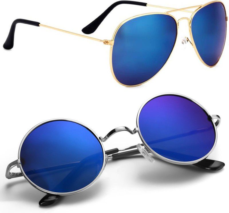 UV Protection, Mirrored Aviator, Round Sunglasses (Free Size)  (For Men & Women, Blue)