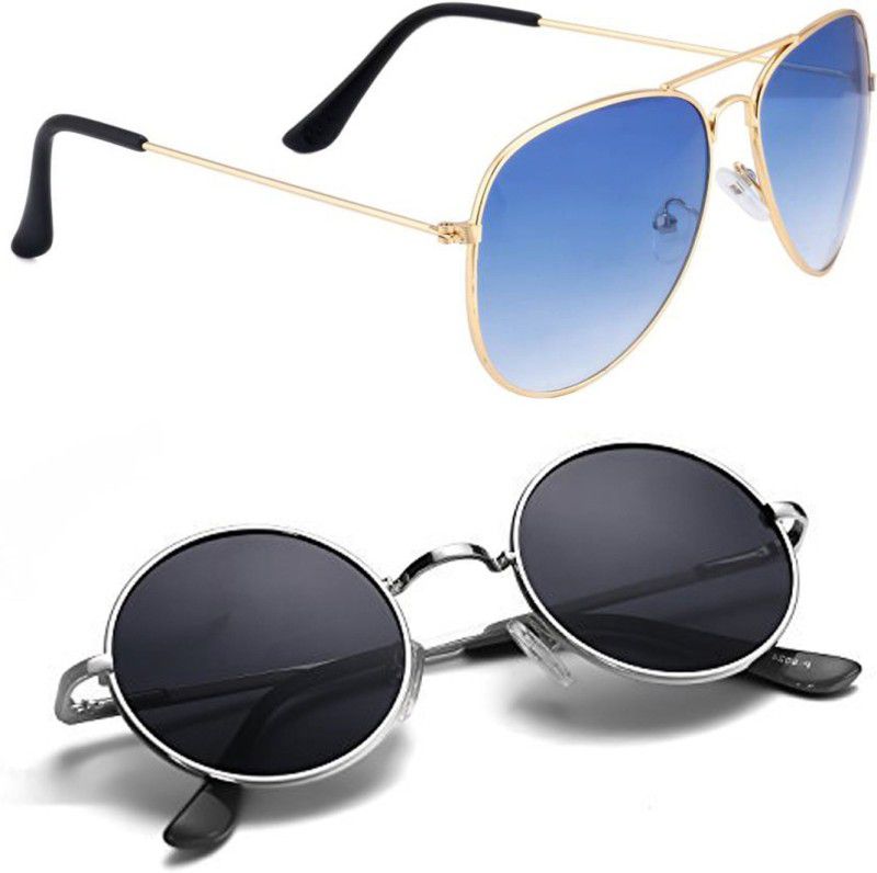UV Protection, Mirrored Aviator, Round Sunglasses (Free Size)  (For Men & Women, Blue, Black)