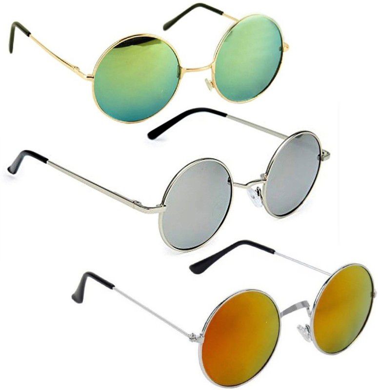 UV Protection, Mirrored Round Sunglasses (Free Size)  (For Men & Women, Green, Silver, Yellow)