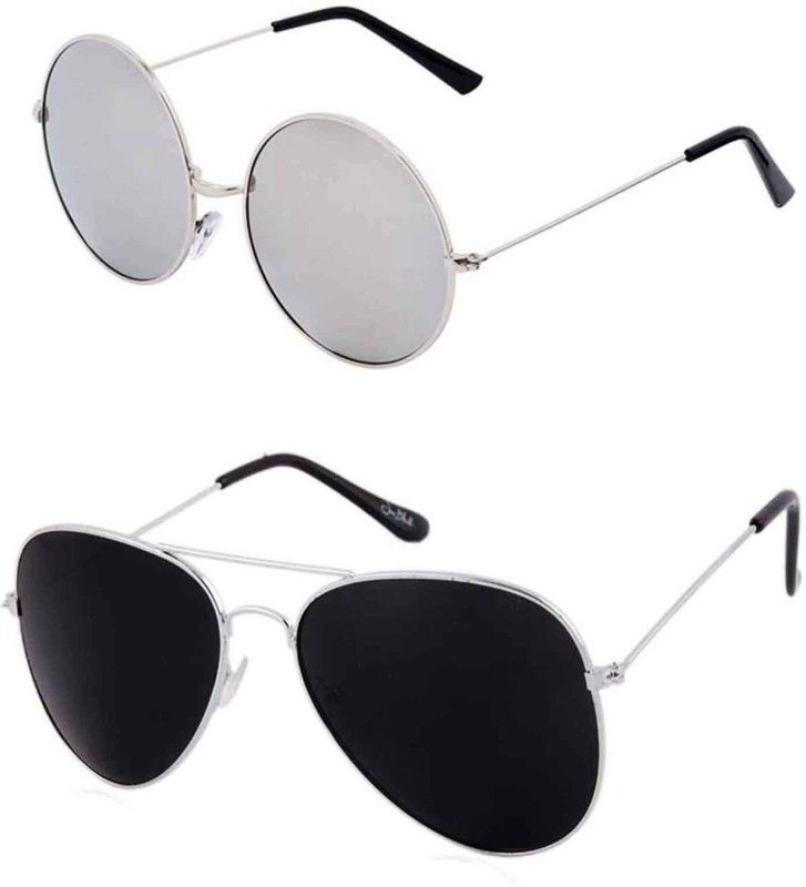 UV Protection Round, Wayfarer Sunglasses (Free Size)  (For Men & Women, Black, Silver)