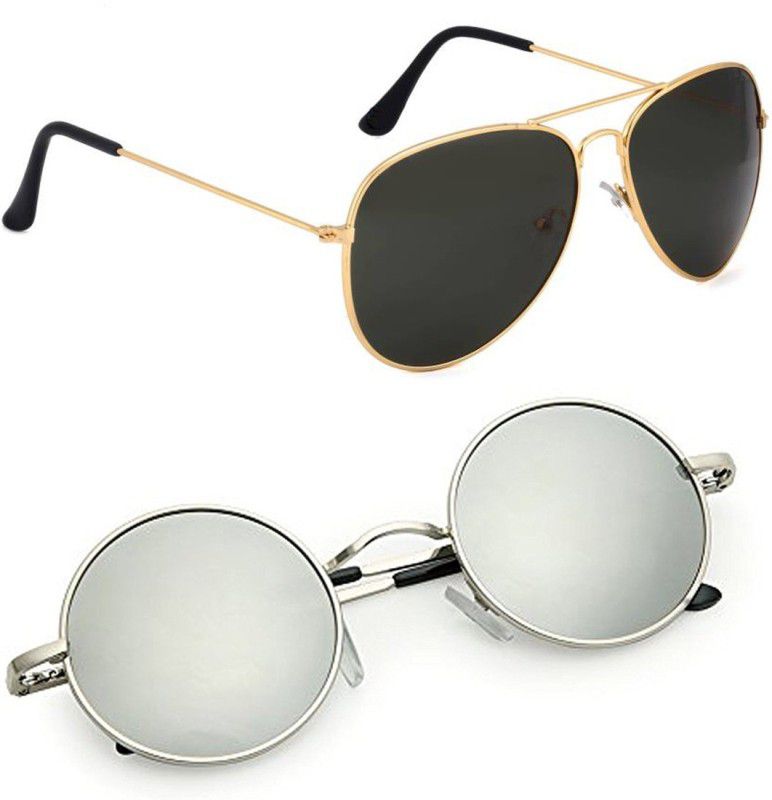 UV Protection, Mirrored Aviator, Round Sunglasses (Free Size)  (For Men & Women, Black, Silver)