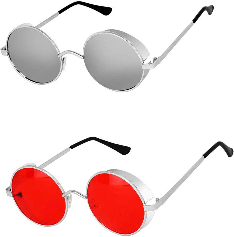 UV Protection, Mirrored, Gradient Round Sunglasses (51)  (For Men & Women, Grey, Red)