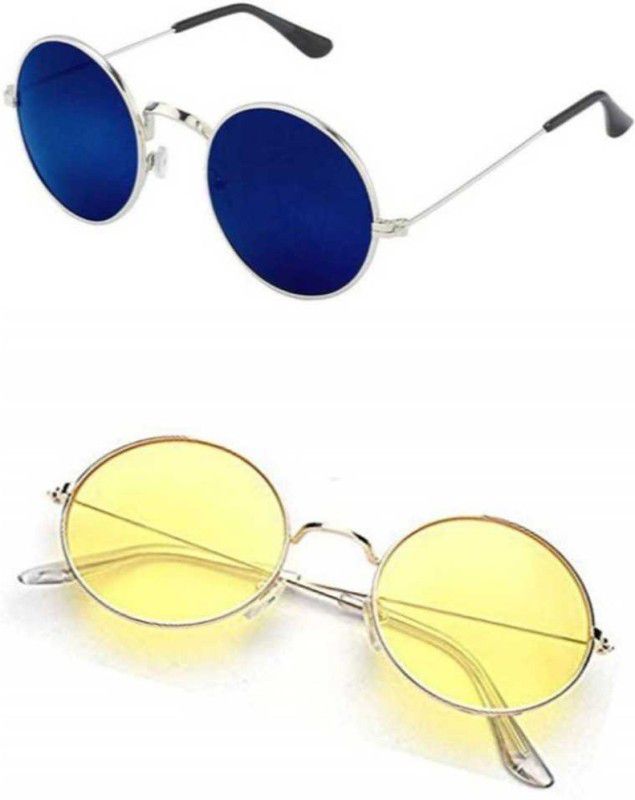 Mirrored Round Sunglasses (Free Size)  (For Men & Women, Blue, Yellow)