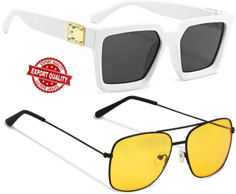 UV Protection, Night Vision Retro Square, Aviator Sunglasses (50)  (For Men & Women, Yellow)