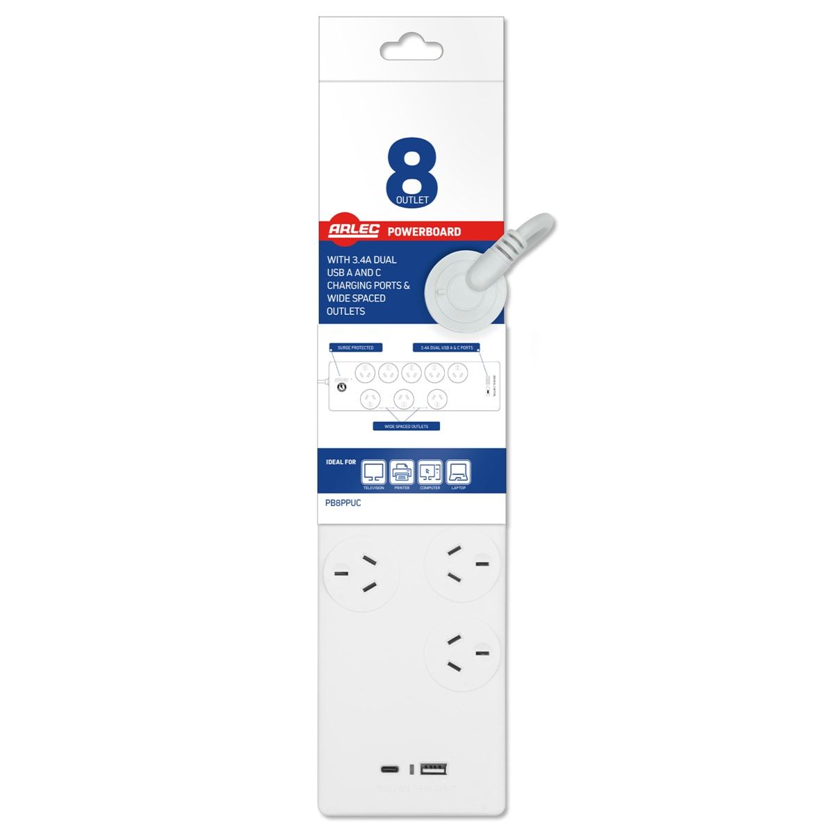 Arlec 8 Outlet Entertainment Powerboard with 2 USBs A&C