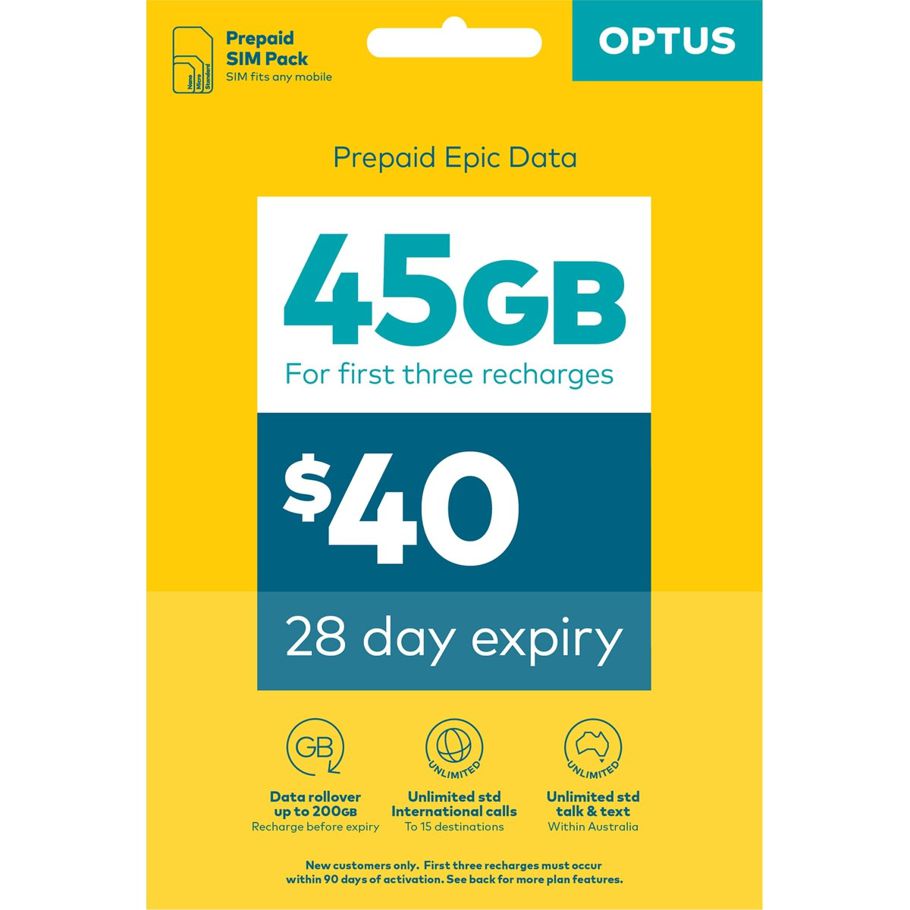 Optus $40 Prepaid Mobile Phone SIM + Recharge Card
