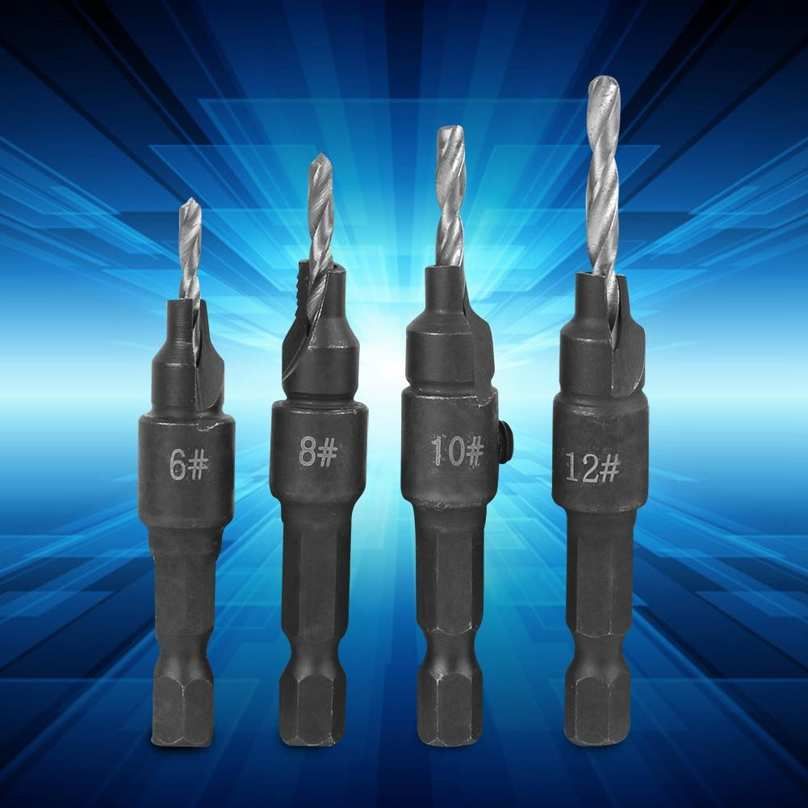 Woodworking Drill Bit 4Pcs Carbon Steel Kit 6-12# with Hex Wrench Tool Accessories