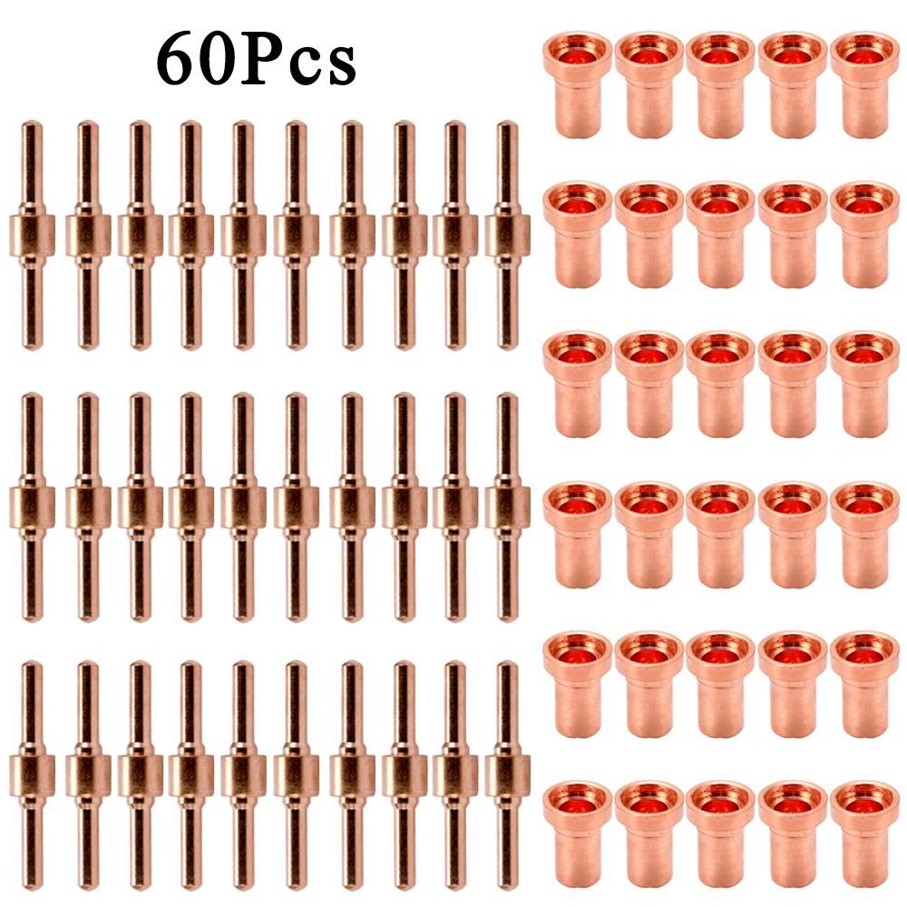 60PCS Red Copper Extended Long Plasma Cutter Tip Electrode Nozzle Kit Consumable For PT31 L-G40 40A Cutting