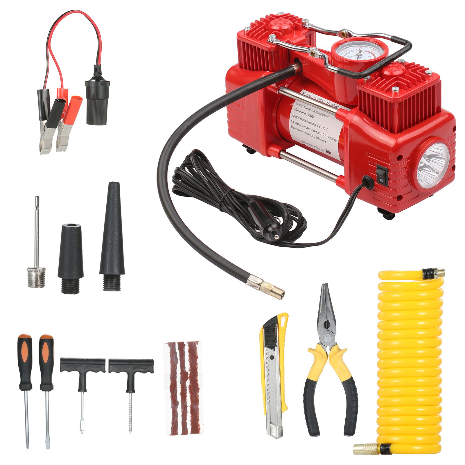 DC12V Air Compressor Portable Tire Inflator Car Air Pump with Tyre Repair Kit 3 Nozzles Extended Air Tube Carrying Case for Car Tires Bicycles Inflatable Kayaks Balls