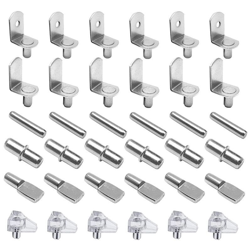 JAERBEE 72Pcs Shelf Pegs Support Kit, 6 Styles Shelf Pins, Nickel Plated Cabinet Shelf Pegs for Shelves Bookcase Bookshelf Pegs