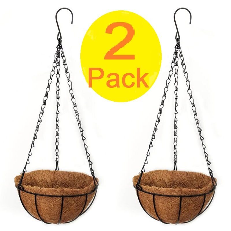 2 Pcs Hanging Planters Coco Liners Basket Metal Round Chain Wall Planters Garden Lawn Outdoor