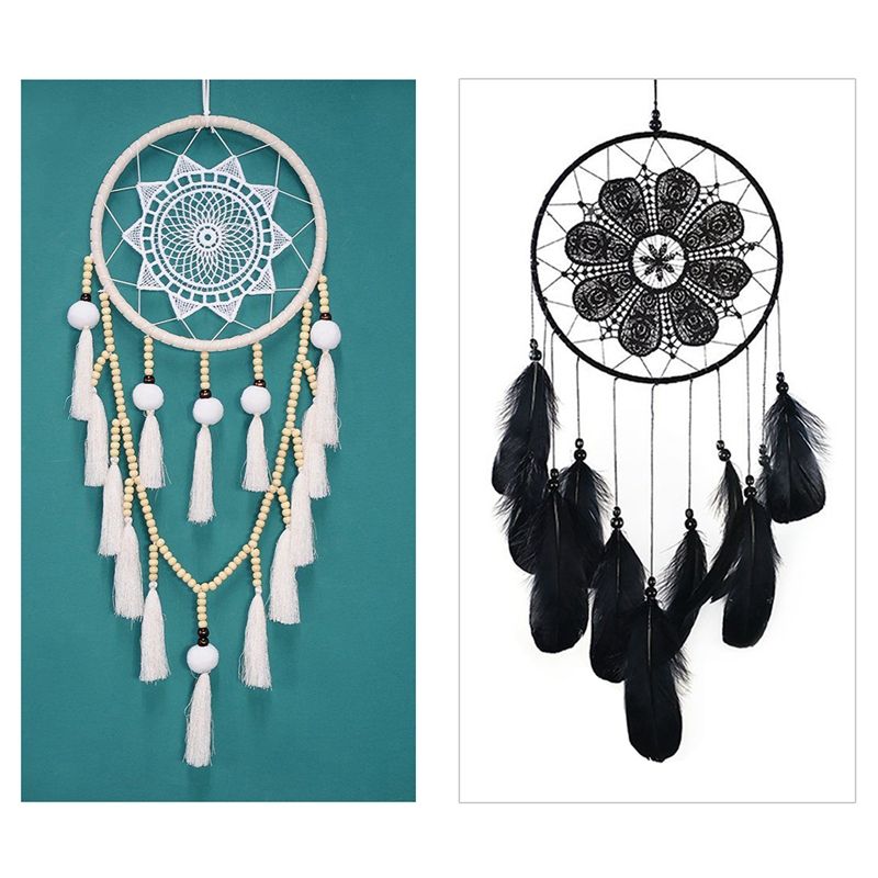 2 Pcs Macrame Wall Hanging Feather Lace Dream Catchers Decorations, White & Black
