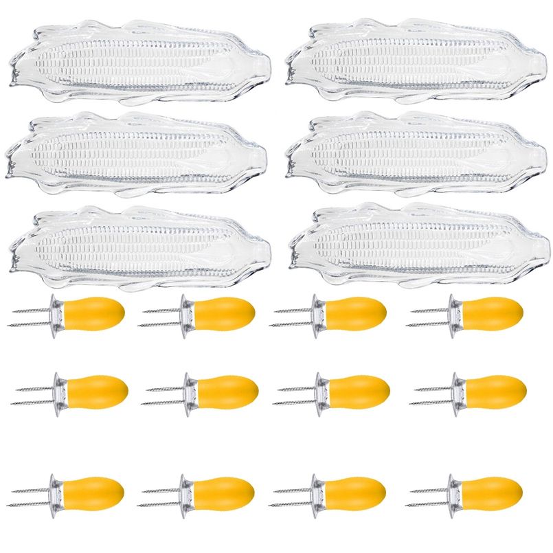 6 Pack Corn Trays + 12 Pcs Corn Cob Holders Plastic Corn Dishes Service Tray Transparent Cob Dinnerware for Butter Corn