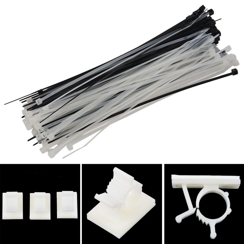 50 Pcs Cable Clips, Wire Clips with 3 Meters Self-Adhesive Adjustable Car Wires Holder Cable Clamps Cable Tie Holder & 100 Pcs 3mm x 150mm Auto Wire Push Cable Zip Tie White Black