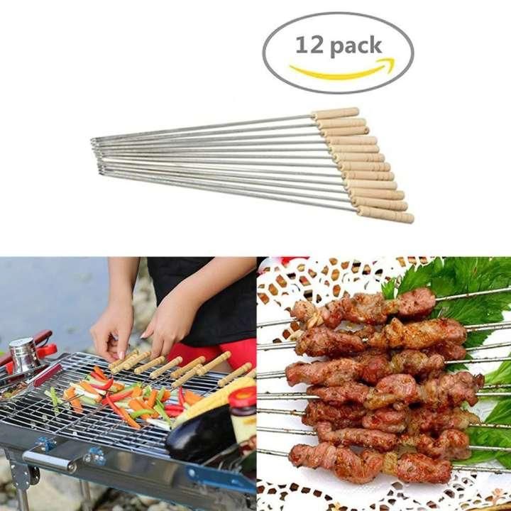 12Pcs Stainless Steel Barbecue Stick with Wooden Handle