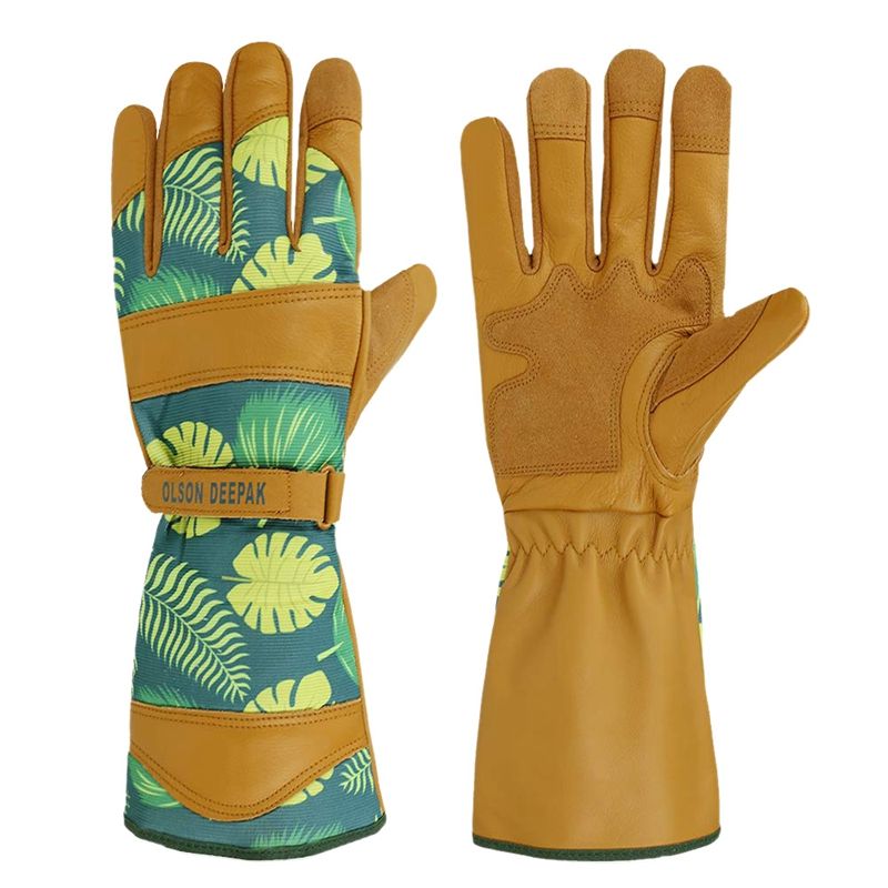OLSON DEEPAK Womens Gardening Gloves with Grain Leather for Yard Work,Rose Pruning and Daily Work Perfect Fitting for Women,Long Cuff Rose Garden Gloves with Fashion Palm Leaf Pattern(Long-Cuffs)