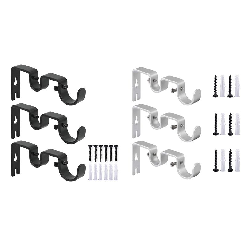6Pcs Curtain Rod Brackets Double Rod Holders Durable Metal Curtain Rod Wall Brackets with Screw Black &