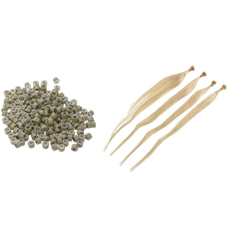 200 PCS 5mm Blonde Color Silicone Lined Mini Rings Links with 100X Keratin Pre Bonded Nail U Tip Glue (22inch)