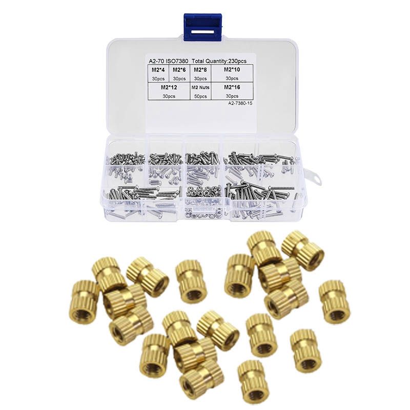 230 Pcs M2 304 Stainless Steel Hex Socket Button Head Cap Bolts Screws Nuts Kit & 20 Pcs M2X3mmx3.2mm Female Threaded Brass Knurled Insert Embedded Nuts