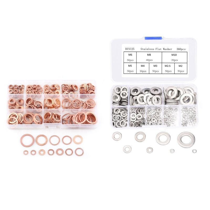 280 Pcs Assorted Copper Washer Gasket Set Flat Ring Seal Assortment Kit M5-M20 & 360 Pcs Stainless Steel Flat Washers Sealing Ring Washers Assortment Set 8 Sizes